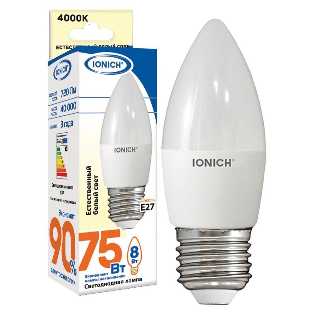 Лампа светодиодная  6Вт свеча 4000К  естеств. белый свет LED E27 С37 230В IONICH 1532 (10/100 шт)