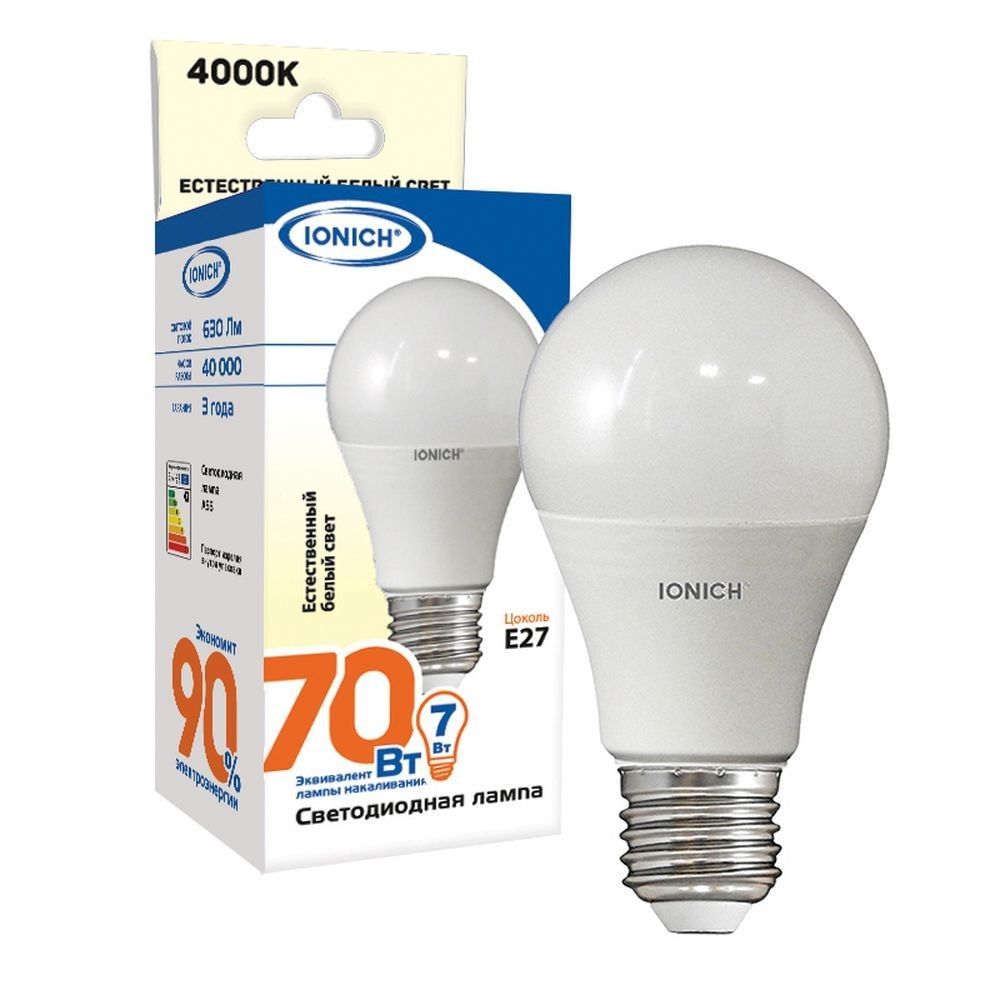Лампа светодиодная  7Вт груша 4000К естеств.  белый свет LED E27 A55 230В IONICH 1613 (10/100 шт)