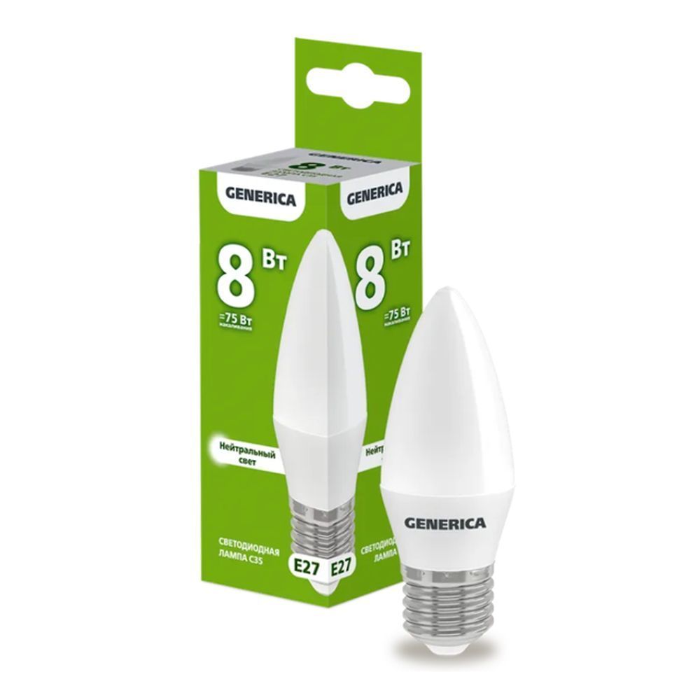 Лампа светодиодная  8Вт свеча 4000К естеств. белый свет  E27 230В GENERICA LL-С35-08-230-40-E27-G