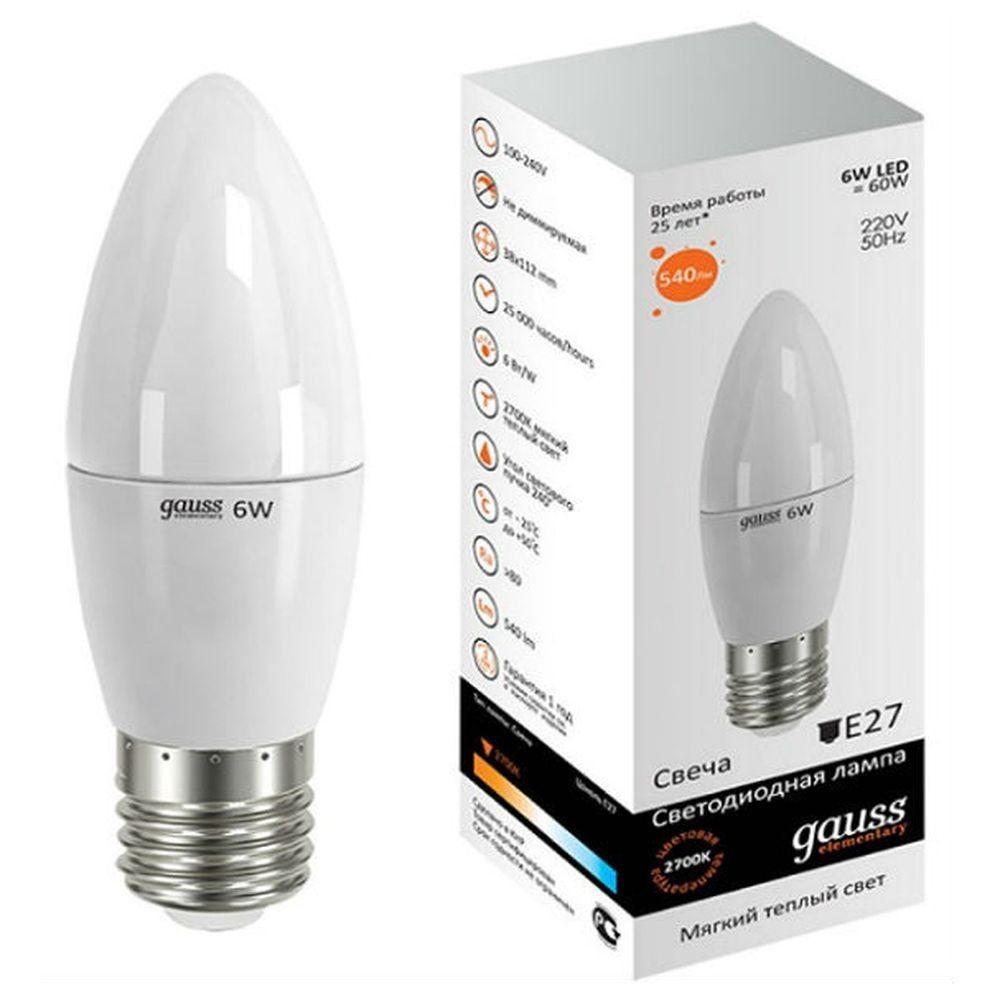 Лампа светодиодная  6Вт свеча 3000К тепл. белый свет Elementary E27 420лм 180-240В GAUSS 33216