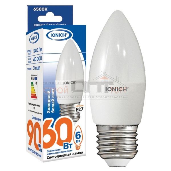 Лампа светодиодная  6Вт свеча 6500К  хол. белый свет LED E27 С37 230В IONICH 1533 (10/100 шт)