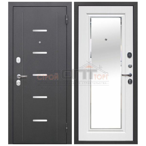 Дверь металл 7,5 см Гарда Серебро Зеркало Фацет Белый ясень 960х2050 левая