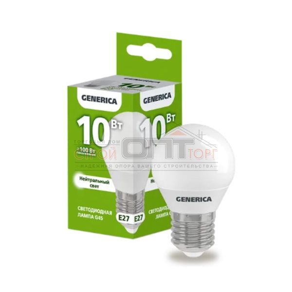 Лампа светодиодная 10Вт шар 4000К естеств. белый свет E27 230В GENERICA LL-G45-10-230-40-E27-G